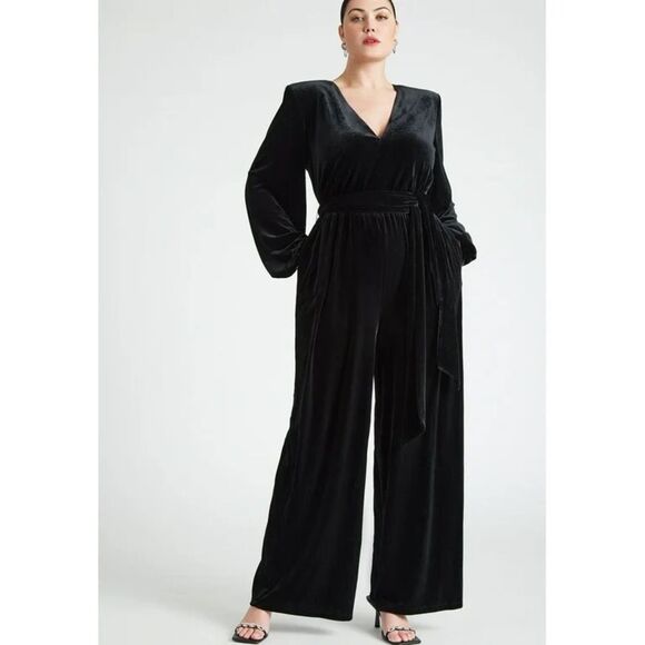 ELOQUII Black Velvet Wide Leg Jumpsuit Belted Long Sleeve V-Neck Size 20 New